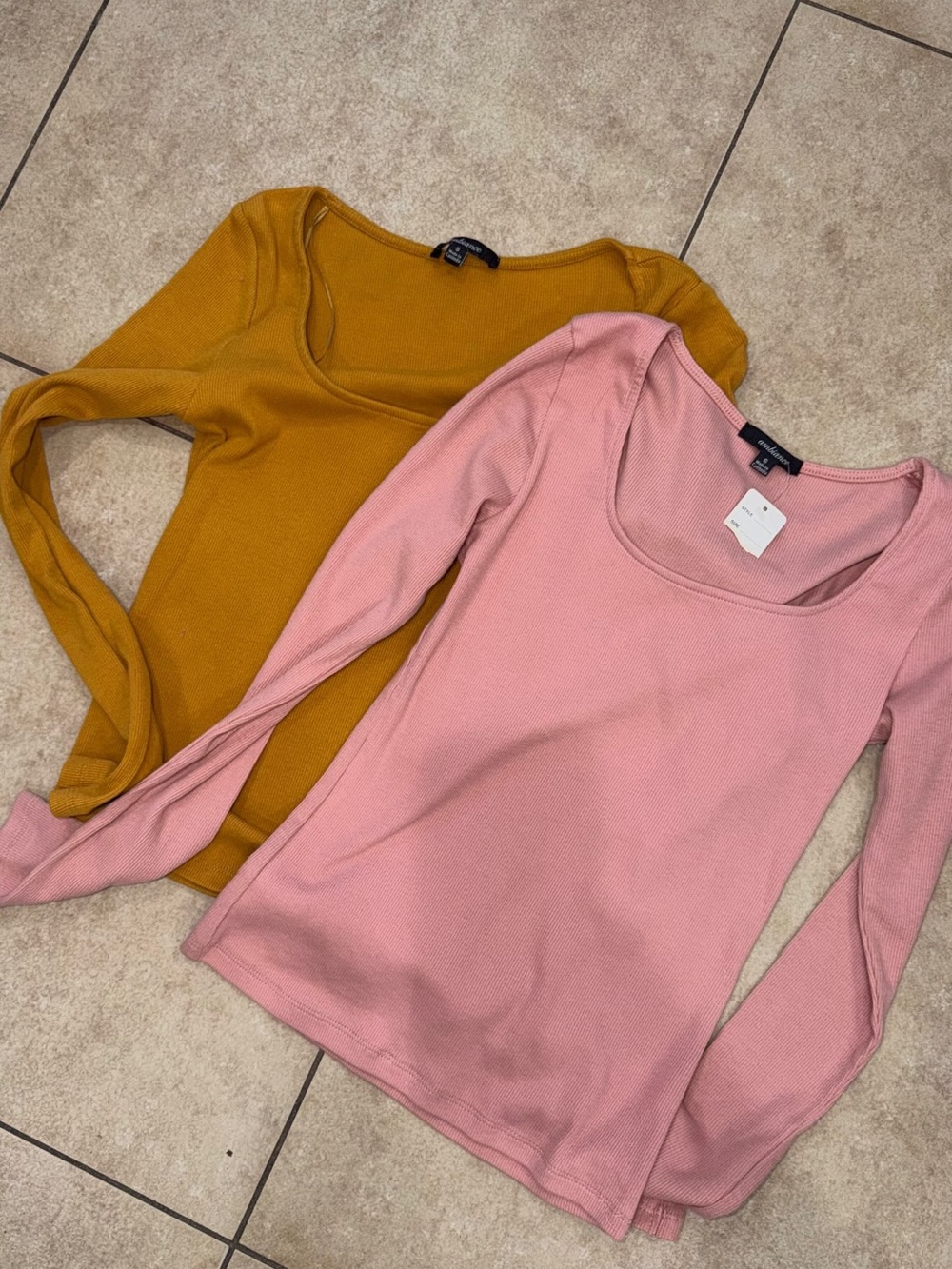 Ambiance Long Sleeve Scoop Neck Tops in Pink and Mustard